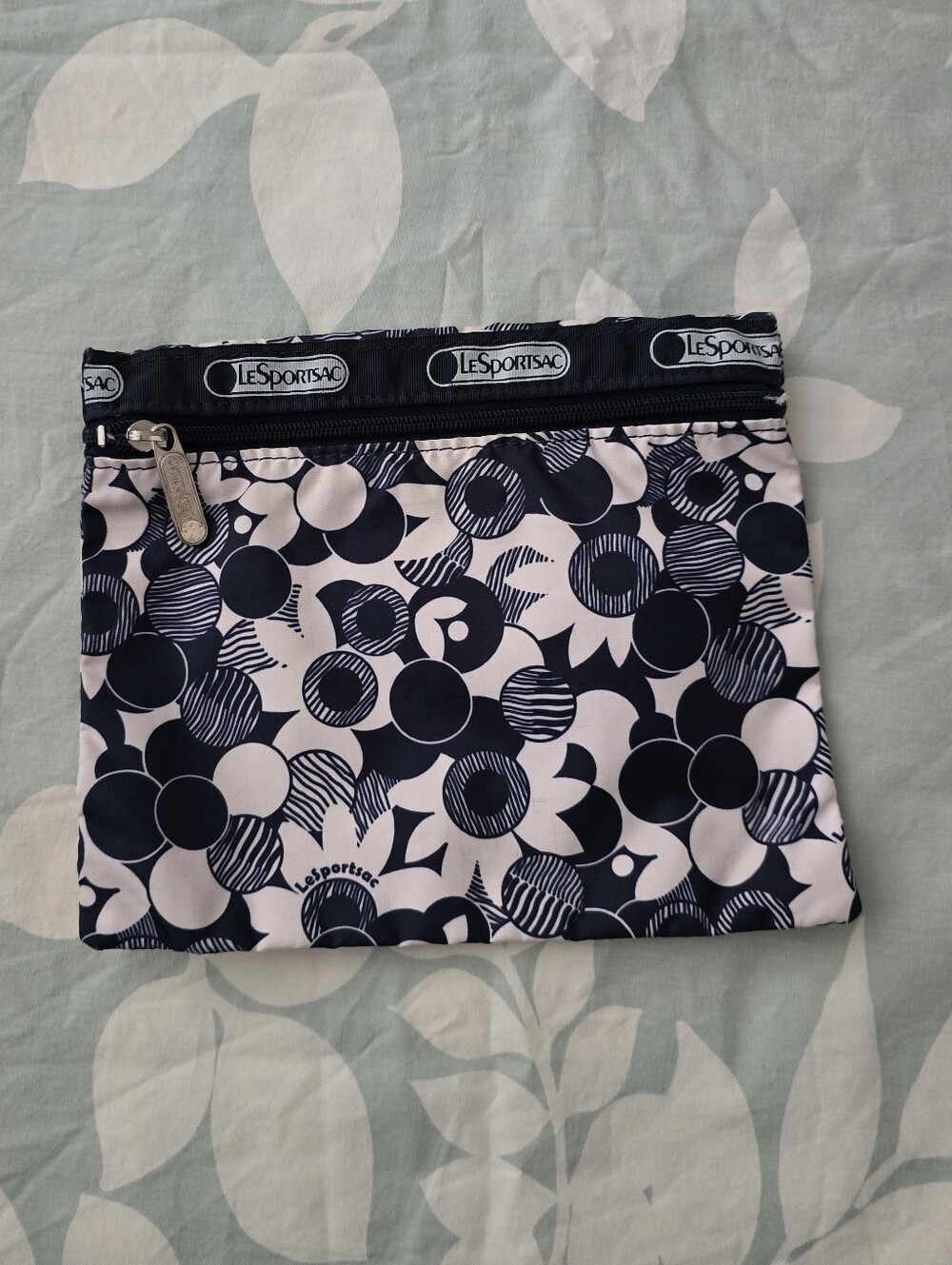 Lesportsac Floral Navy and White Circle Print Zip Pouch